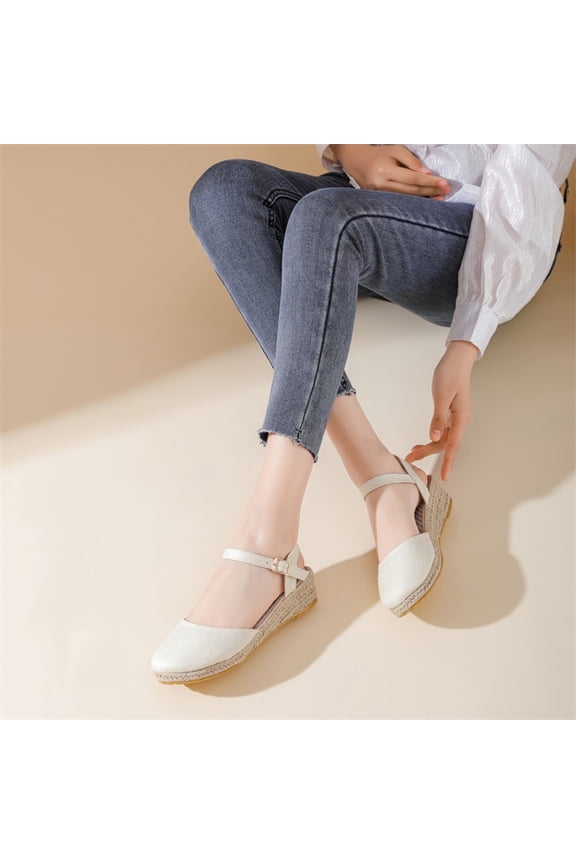 Womens Sandals Baeitkot Women's Fashionable Casual Spring and Summer Versatile Plus Size Beach Wedge Sandals Solid Color Round Toe Closed Toe Sandals