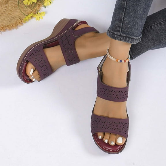 Womens Sandals Beach, Xunlbb Women's Spring And Summer New Large Size Hollow Flower Wedges Beach Fashion Casual Beach Sandals(Wine,Size:36)