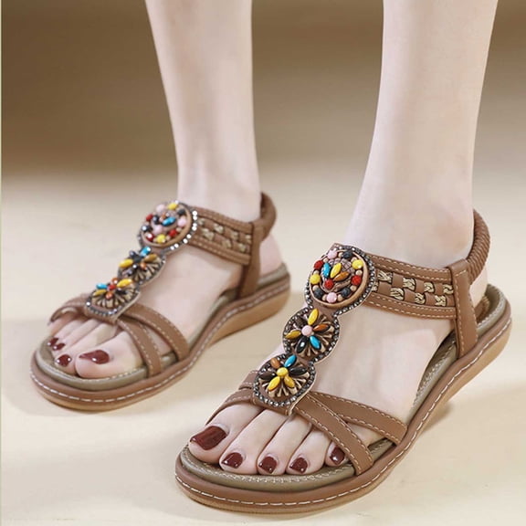 Womens Sandals Beach, Xunlbb Women's Summer New Floral Elastic Casual Seaside Beach Flat Sandals(Yellow,Size:36)