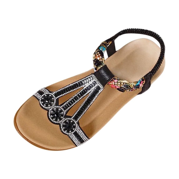 Womens Sandals Boho Flat Heel Open Toe Summer Trendy Solid Color Elastic Ankle Strap Footwear Sandals Women's Fashionable Casual Versatile Summer Fashion Beach Shoes Black 5.5
