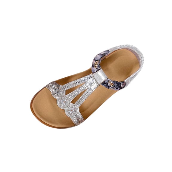 Womens Sandals Boho Flat Heel Open Toe Summer Trendy Solid Color Elastic Ankle Strap Footwear Sandals Women's Fashionable Casual Versatile Summer Fashion Beach Shoes Silver 5.5