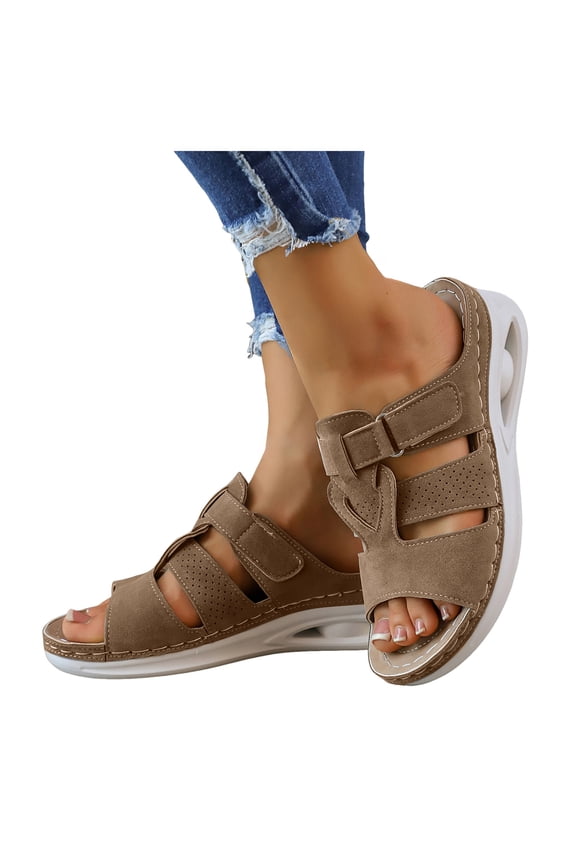 Womens Sandals Breathable Open Toe Slides Adjustable Strap Cushioned Soft Sole Casual Lightweight Walking Shoes Khaki Size 6