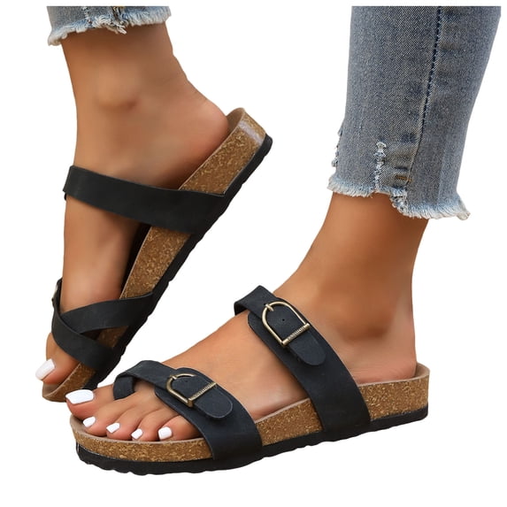 Womens Sandals Buckle Lightweight Slides Memory Foam Cork Footbed Flat Sandals Non Slip Ring Toe Beach Slide Black Size 6.5