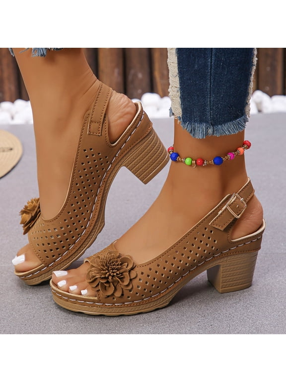 Womens Sandals Buckled Square Heel Sandals for Women,Dressy Peep Toe Slingback Low Heeled Wedge Shoes Dress Sandals