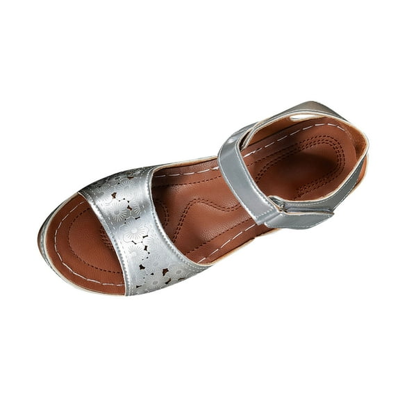 Womens Sandals Chunky Heel Gladiator Open Toe Casual Daily Summer Trendy Solid Color Peep Toe Women Footwear Women Beach Vacation Holiday Vintage Fashion Silver 7.5