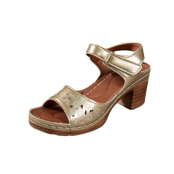 Womens Sandals Chunky Heel Gladiator Open Toe Casual Daily Summer Trendy Solid Color Peep Toe Women Footwear Women Beach Vacation Holiday Vintage Fashion Gold 7