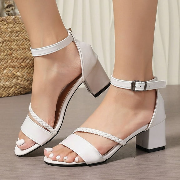 Womens Sandals Chunky Heel Open Toe Ankle Straps Sandals Women's Fashionable Casual Daily Outdoor Beach Shoes Footwear White 36