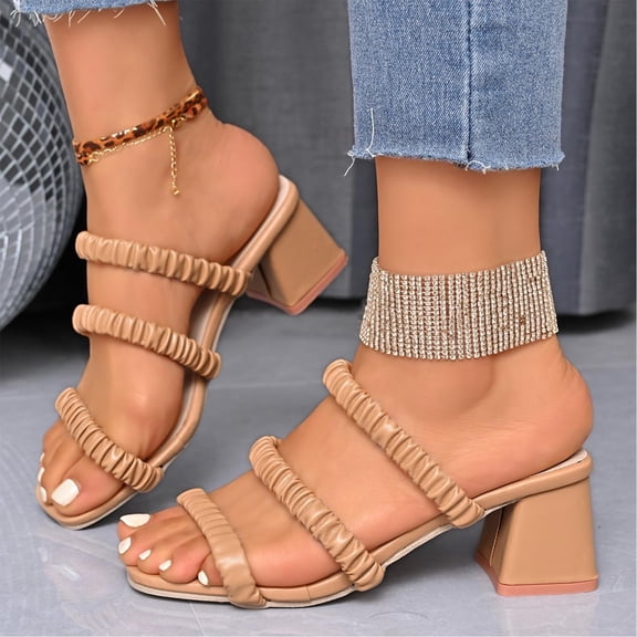 Womens Sandals Chunky Heel Open Toe Slip-on Casual Shoes Women Fashionable Casual Solid Color Versatile Thick Heel Sandals Outerwear