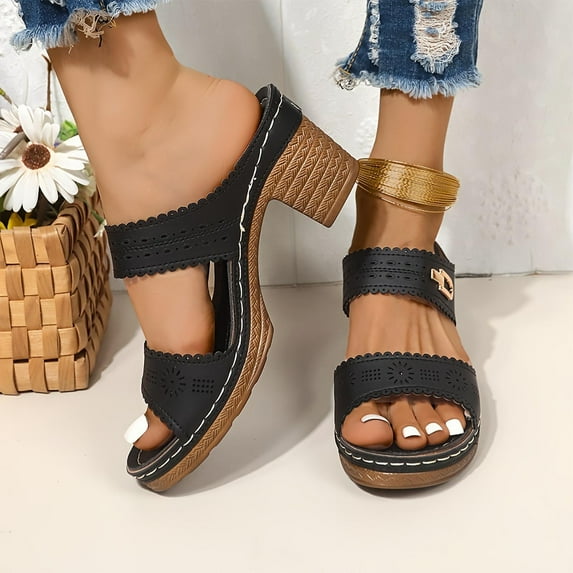 Womens Sandals Chunky Heel Thick Heel Open Toe Slip-on Slides Slippers Casual Summer Beach Outdoor Footwear Dressy Sandals 7