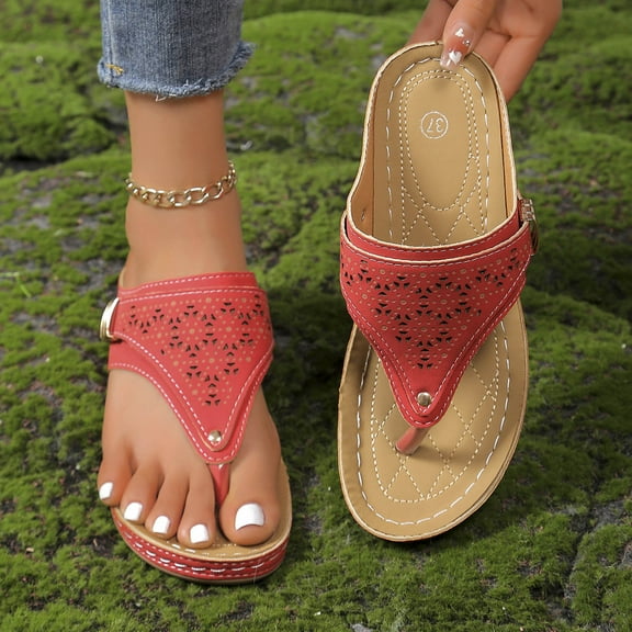 Womens Sandals Comfortable 2024 ZHUGeLI Women's Spring And Summer New Big Size Clip-toe Beach Flower Hollow-out Wedges Fashion Casual Slippers