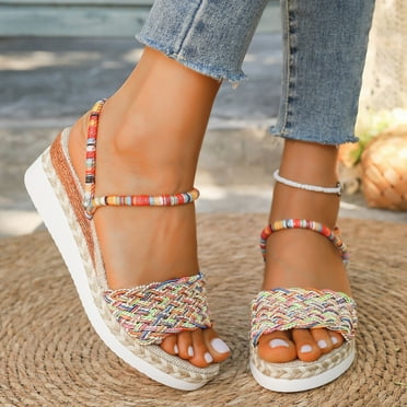 Womens Sandals Comfortable Boho Gladiator Wedge Thick Heel Open Toe Slip-on Peep Toe Crisscross Slides Slippers Casual Summer Beach Outdoor Footwear Dressy Sandals 9
