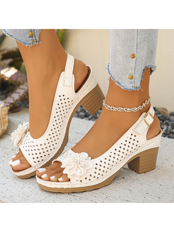 Womens Sandals Comfortable Dressy Buckled Square Heel Sandals for Women,Dressy Peep Toe Slingback Low Heeled Wedge Shoes Dress Sandals
