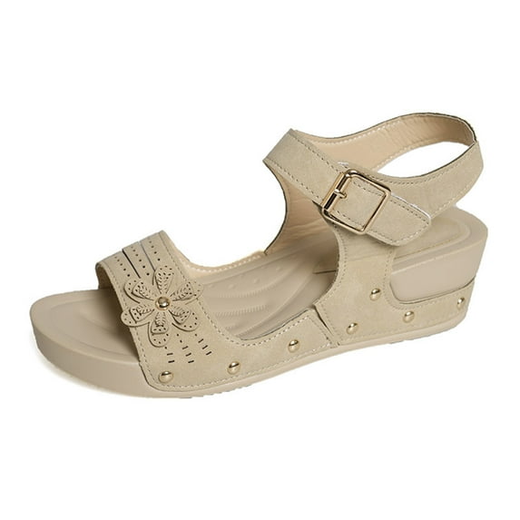 Womens Sandals Comfortable Women's Fashion Casual Spring And Summer Style Solid Color Flower Breathable Round Toe Open Toe One-Line Buckle Thick Bottom Wedge Heel Sandals Beige