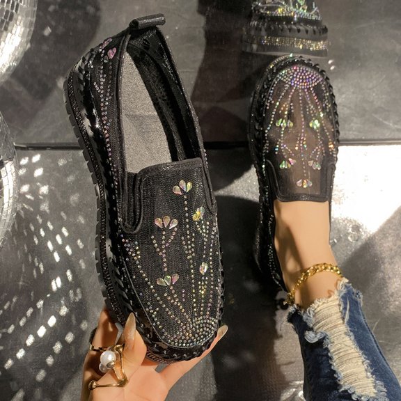 Womens Sandals Comfy Slip On Platform Glitter Sneakers Mesh Breathable Slip On Walking Shiny Loafers Casual Shoes Black Women Sandal