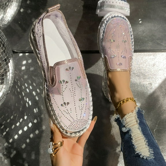 Womens Sandals Comfy Slip On Platform Glitter Sneakers Mesh Breathable Slip On Walking Shiny Loafers Casual Shoes Pink Women Sandal