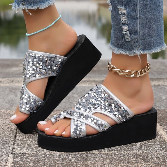 Womens Sandals Dressy Clearance, Xunlbb Fashion Women Casual Round Head Comfy Slippers Beach Casual Slipsole Shoes(Silver,Size:39)