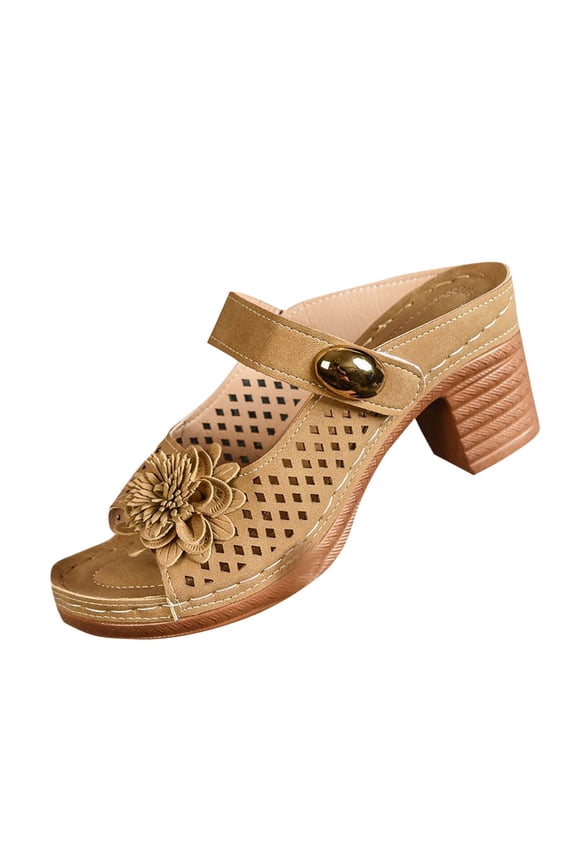 Womens Sandals Dressy Oofos On Sale Women's Fashion Casual Versatile Buckle Strap Flower Hollow Spring And Summer Comfortable Wedge Sandals Brown