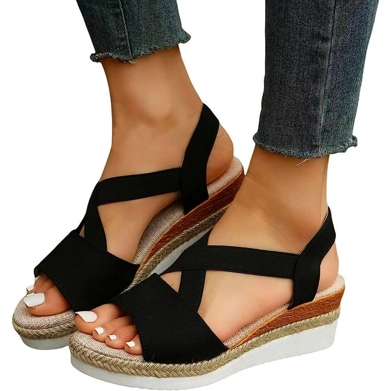 Womens Sandals Dressy Summer Open Toe Ankle Strap Platform Sandals Casual Strappy Low Wedges Espadrilles Sandals Walmart