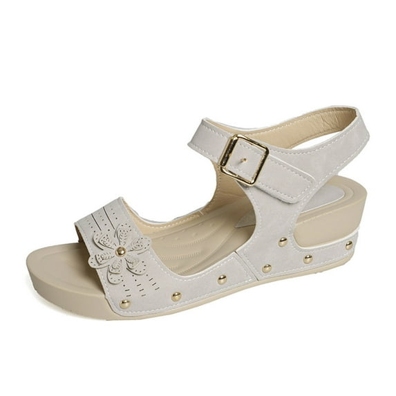Womens Sandals Dressy Women's Fashion Casual Spring And Summer Style Solid Color Flower Breathable Round Toe Open Toe One-Line Buckle Thick Bottom Wedge Heel Sandals Gray