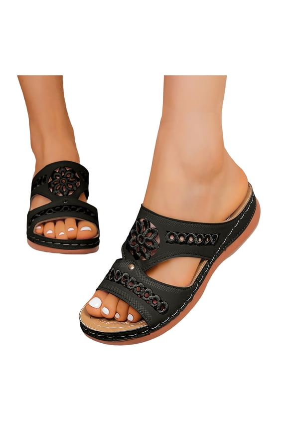 Womens Sandals Flower Embroidery Open Toe Slides Comfy Orthopedic Walking Shoes Lightweight Cushioning Slip on Summer Beach Shoes Black Size 8.5