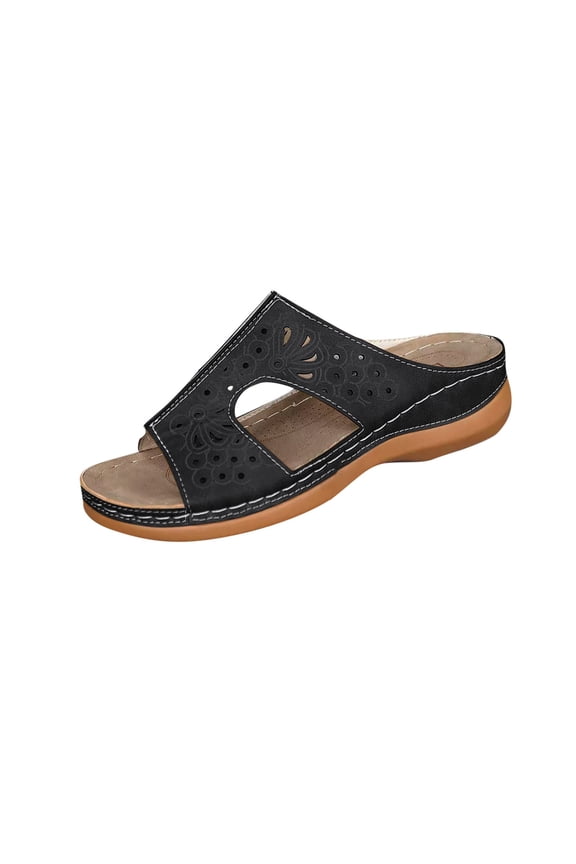 Womens Sandals For Summer And Spring Arch Support Slides with Wedge Casual Slip-On Shoes Comfortable Hollow Sandals Shoes Black Women Sandal