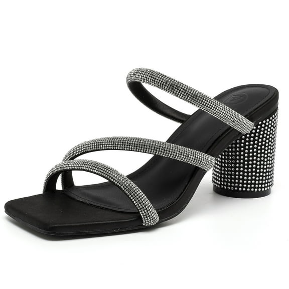 Womens Sandals Heels Dressy Summer Square Open Toe Sandals Holiday Party Wedding Dress Pumps Shoes Black Size 10