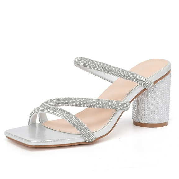 Womens Sandals Heels Dressy Summer Square Open Toe Sandals Holiday Party Wedding Dress Pumps Shoes Silver Size 6