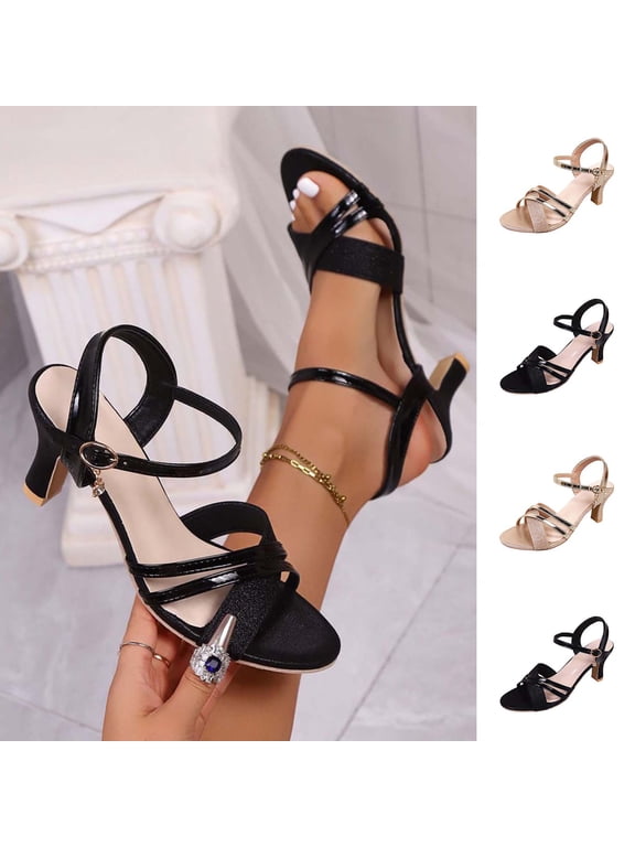 Womens Sandals Open Toe Kitten Heel Sandals Plus Size Casual Fashion Glitter Upper Adjustable Buckle Straps Thin Heel Shoes for Party Wedding Daily Walking