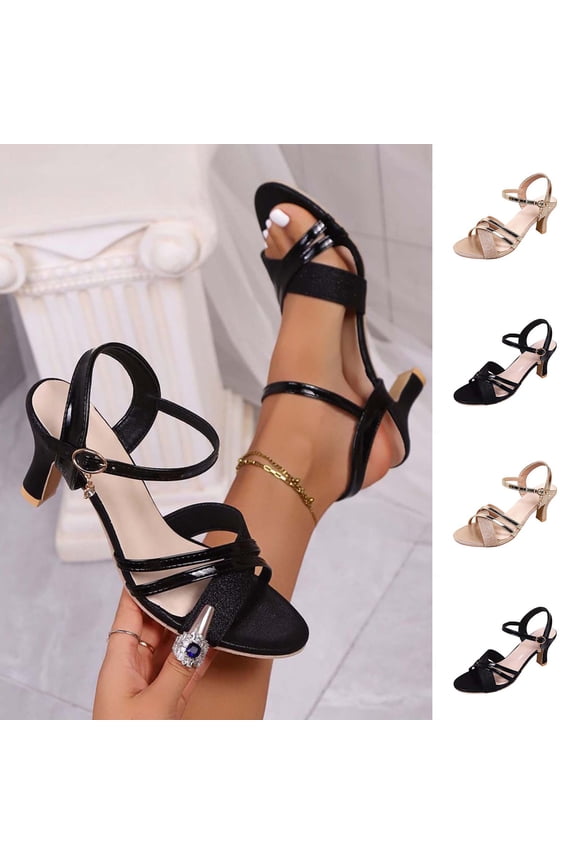 Womens Sandals Open Toe Kitten Heel Sandals Plus Size Casual Fashion Glitter Upper Adjustable Buckle Straps Thin Heel Shoes for Party Wedding Daily Walking