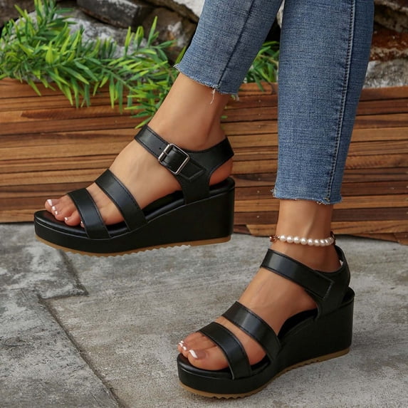Womens Sandals Open Toe Wedge Sandals Casual Fashion Adjustable Buckle Straps Thick Platform Wedge Heel Shoes for Summer Vacation Daily Walking