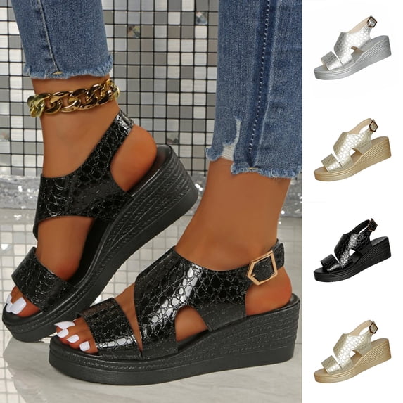 Womens Sandals Open Toe Wedge Sandals Plus Size Beach Casual Fashion Crocodile Embossed Adjustable Buckle Strap Thick Platform Wedge Heel Shoes for Summer Vacation Daily Walking