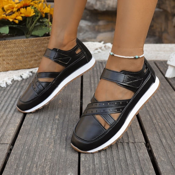 Womens Sandals Plantar Fasciitis Feet Sandal Women's Fashion Casual Spring And Summer Comfortable Solid Color Baotou Hollow Breathable Thick-Soled Sandals Black