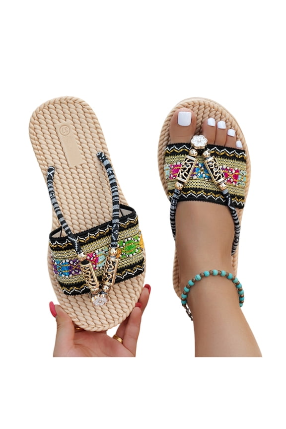 Womens Sandals Raffia Woven Open Toe Boho Flat Thong Sandals Beaded Design Non-Slip Slides for Summer Beach Vacation Daily Walking,Black 37