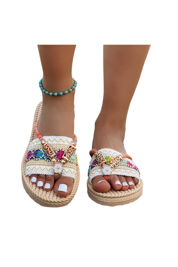 Womens Sandals Raffia Woven Open Toe Boho Flat Thong Sandals Beaded Design Non-Slip Slides for Summer Beach Vacation Daily Walking,White 37