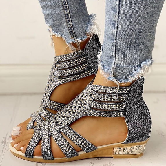 Womens Sandals Rhinestone Hollow Wedge Slipper Dressy Summer Zipper Sandals Comfy Arch Support Sandal for Wedding Guest