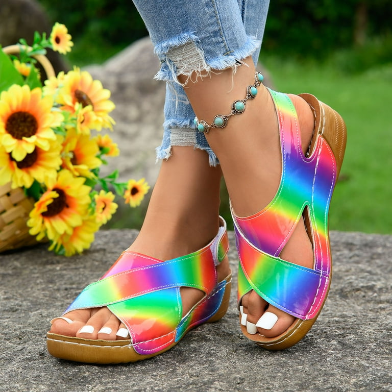Womens Sandals Size 12 Wide Width Sandals Women Summer Ladies Summer Retro Rainbow Color Gradient Shiny Leather Slope Heel Thick Bottom Large Size Fish Mouth Sandals Walmart