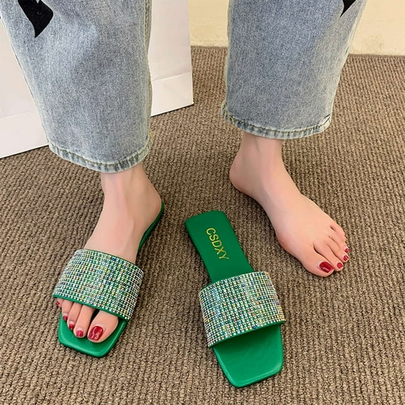 Womens Sandals Slide Sandal New Retro Square Toe Flat Shoes Rhinestone Casual Flat Sandals Slippers