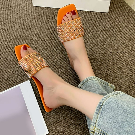 Womens Sandals Slide Sandal New Retro Square Toe Flat Shoes Rhinestone Casual Flat Sandals Slippers