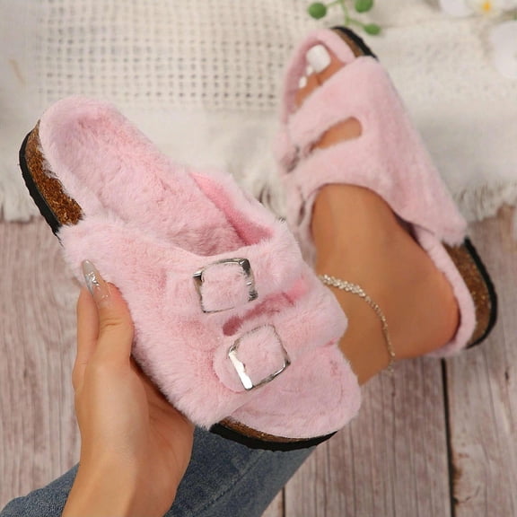Womens Sandals Strappy Slip-On Lightweight Adjustable Buckle Cork Footbed Breathable Comfortable Slides