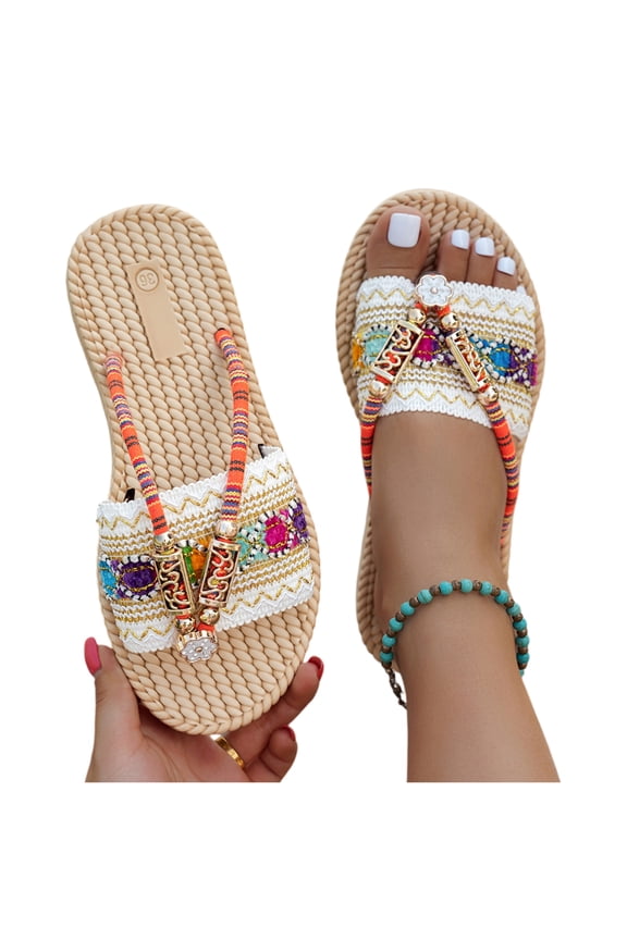 Womens Sandals Summer Boho Beaded Flat Thong Sandals Woven Raffia Open Toe Comfort Non-Slip Slides for Beach Travel Outdoor Walking,White 37