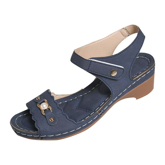 Womens Sandals Summer Casual Daily Shoes Chunky Heels for Women Beach Fashion Open Toe Elastic Ankle Strap Sandals Dark Blue 8