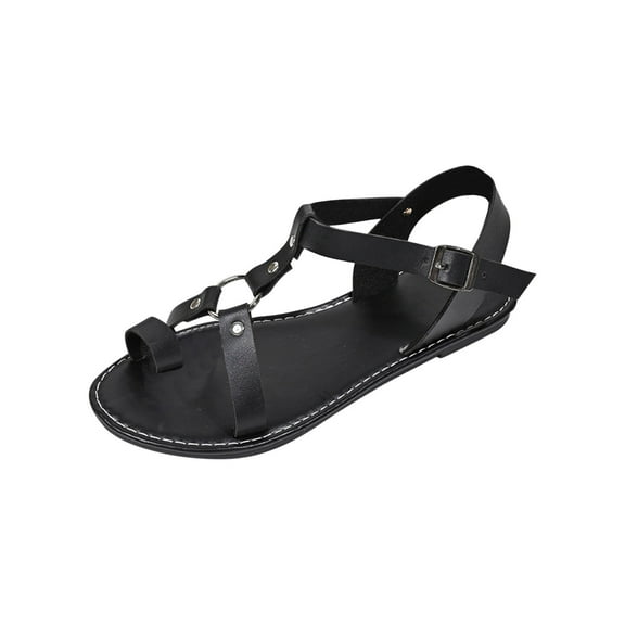 Womens Sandals Summer Women Beach Fashion Open Toe Buckle Ankle Strap Flats Slides Thong Casual Daily Shoes Black 7.5
