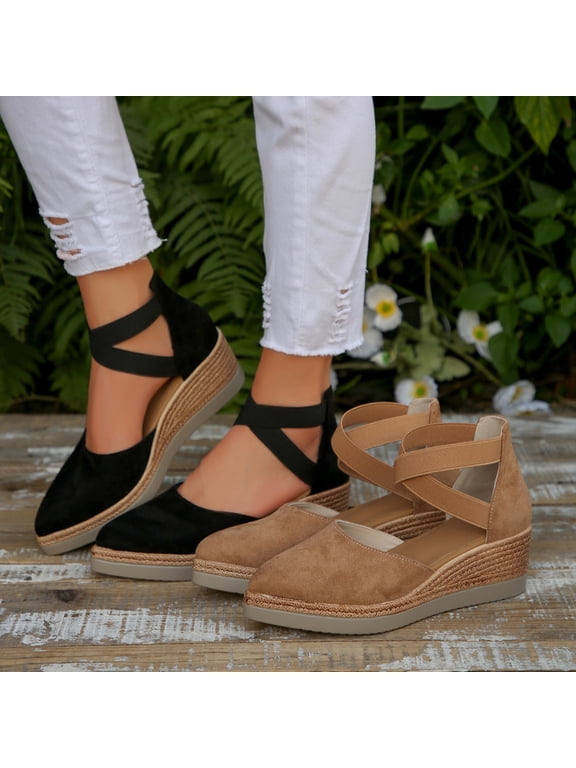 Womens Sandals Wedge Closed Toe Thick Soled Elastic Ankle Straps Summer Casual Beach Shoes Versatile Lightweight Sandals