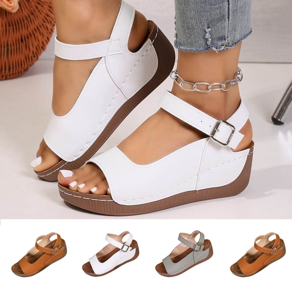 Womens Sandals Wedge Open Toe Adjustable Ankle Strap Casual Comfortable Summer Beach Walking Sandals with Buckle