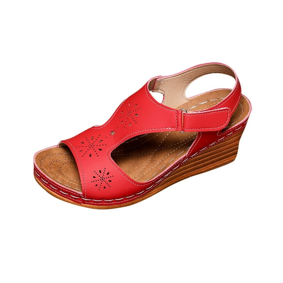 Womens Sandals Wedge Platform: Summer Ankle Strap Open Toe Wedge - Dressy Sandals Women - Comfortable Walking Low Sandal Red Women Sandal
