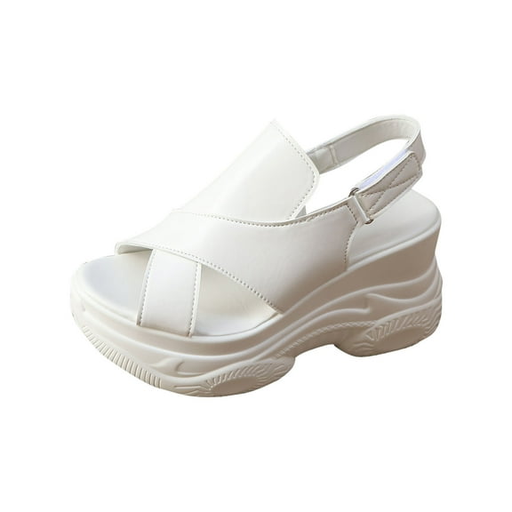 Womens Sandals Wedge Thick Sole Heel Sandals Open Toe Casual Versatile Solid Color Ankle Strap Women Footwear Comfortable Walking Beach Sandals for Women White 6