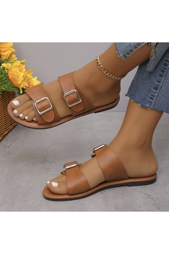 Womens Sandals Wide Width, Going Out Shoes for Women, Beach Shoes, Sandals Women Sole & Earth Womens Sandals | Leather Studded Double-Buckle Slides Women Dress Shoes for Women, Brown 7