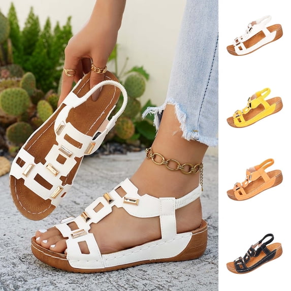 Womens Sandals Women's Fashionable Casual Comfortable Plus Size Solid Color Round Toe Open Toe Back Elastic Wedge Heel Sandals White 37