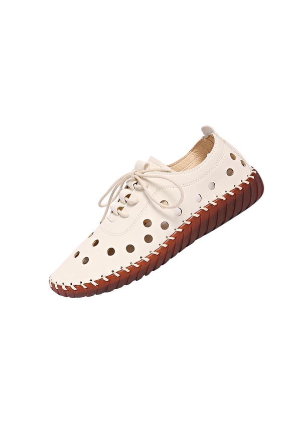 Womens Sandles Oofos Women Women's Fashion Casual Spring And Summer Style Sewn Solid Color Hollow Breathable Round Toe Cap Toe Lace-Up Soft Bottom Flat Sandals Beige