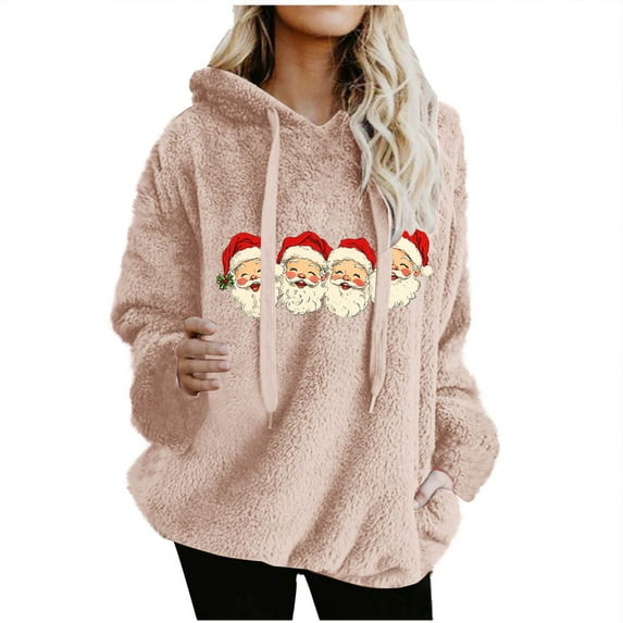 Womens Santa Claus Hoodies Christmas Print Sweatshirt Relaxed Fit Ultra Soft Textured Blouses Velvet Lounge Warm Tops